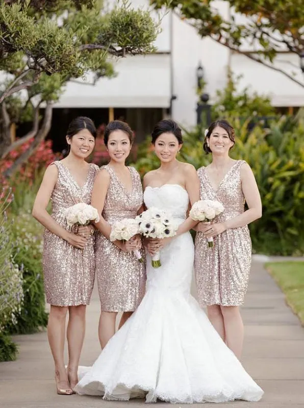 Hot-selling A-line V-neck Short Rose Gold Sequins Bridesmaid Dress