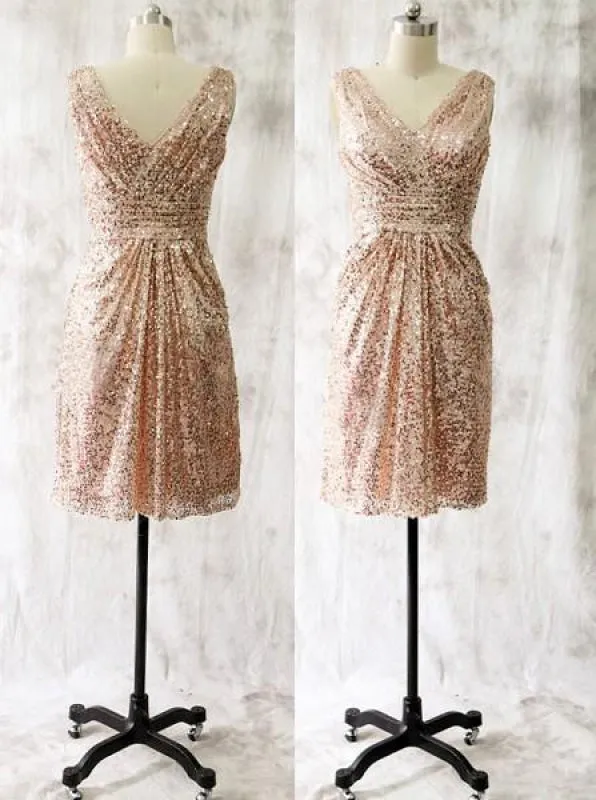 Hot-selling A-line V-neck Short Rose Gold Sequins Bridesmaid Dress