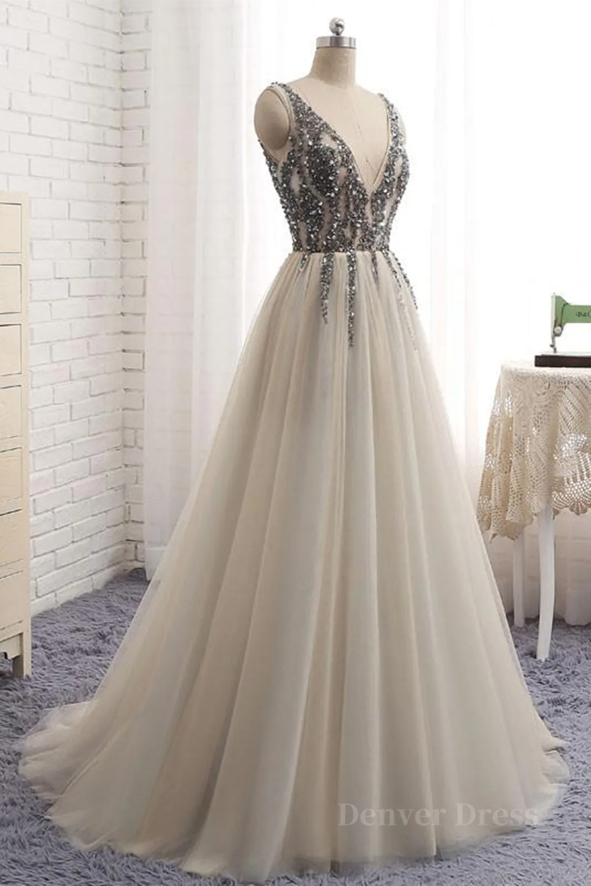 kamahe A Line V Neck Silver Gray Long Prom Dresses, Silver Grey Beaded Long Formal Evening Dresses