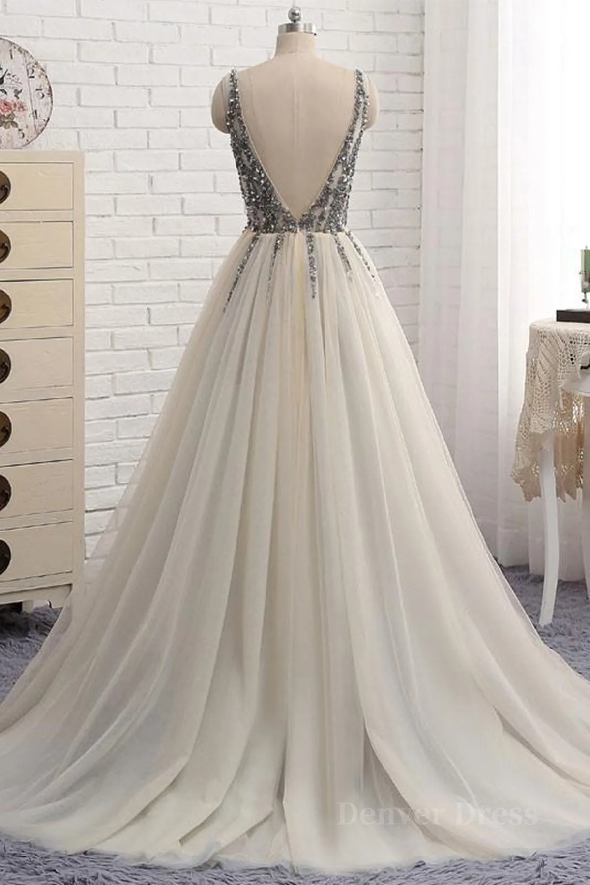 kamahe A Line V Neck Silver Gray Long Prom Dresses, Silver Grey Beaded Long Formal Evening Dresses