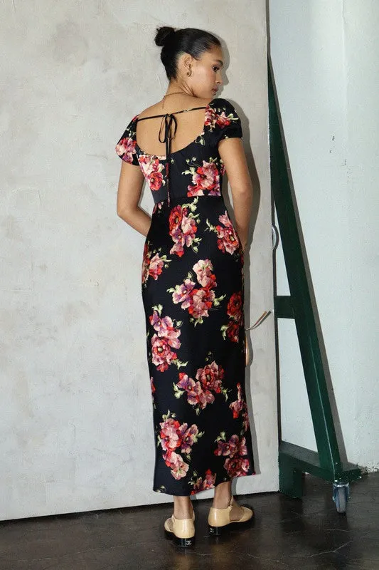 Kassi Milkmaid Empire Floral Maxi Dress - Black