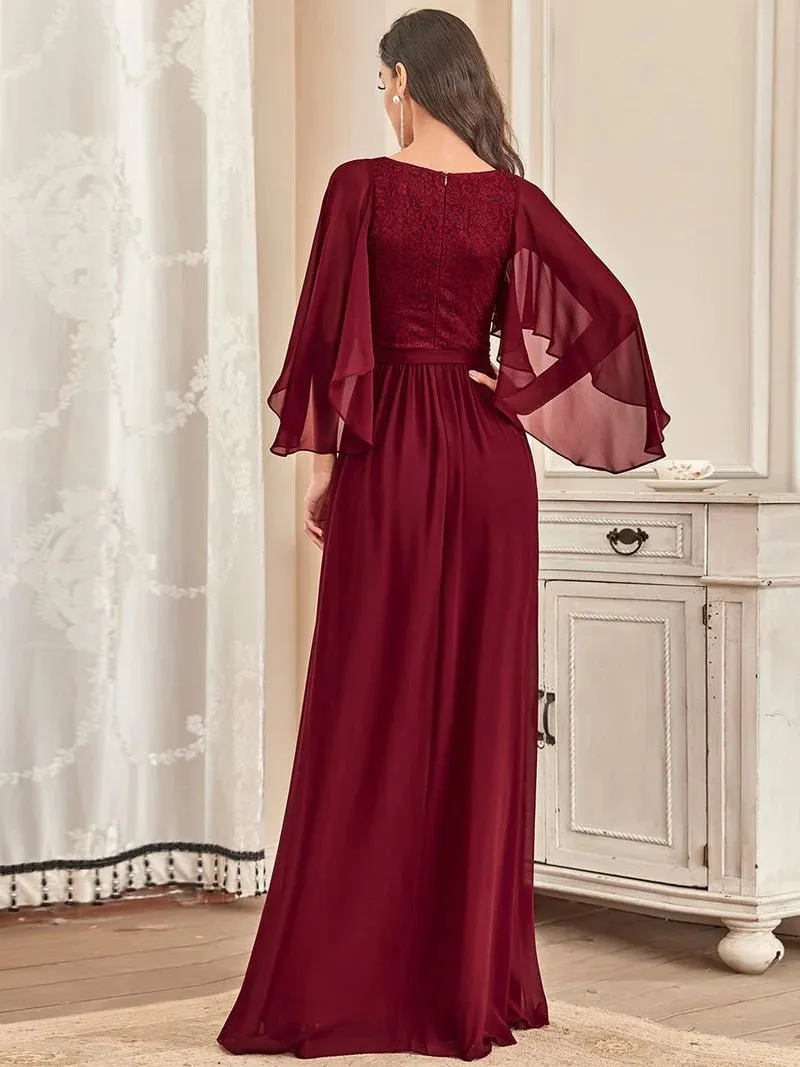 Lace Top Flowy Cape Evening Dress