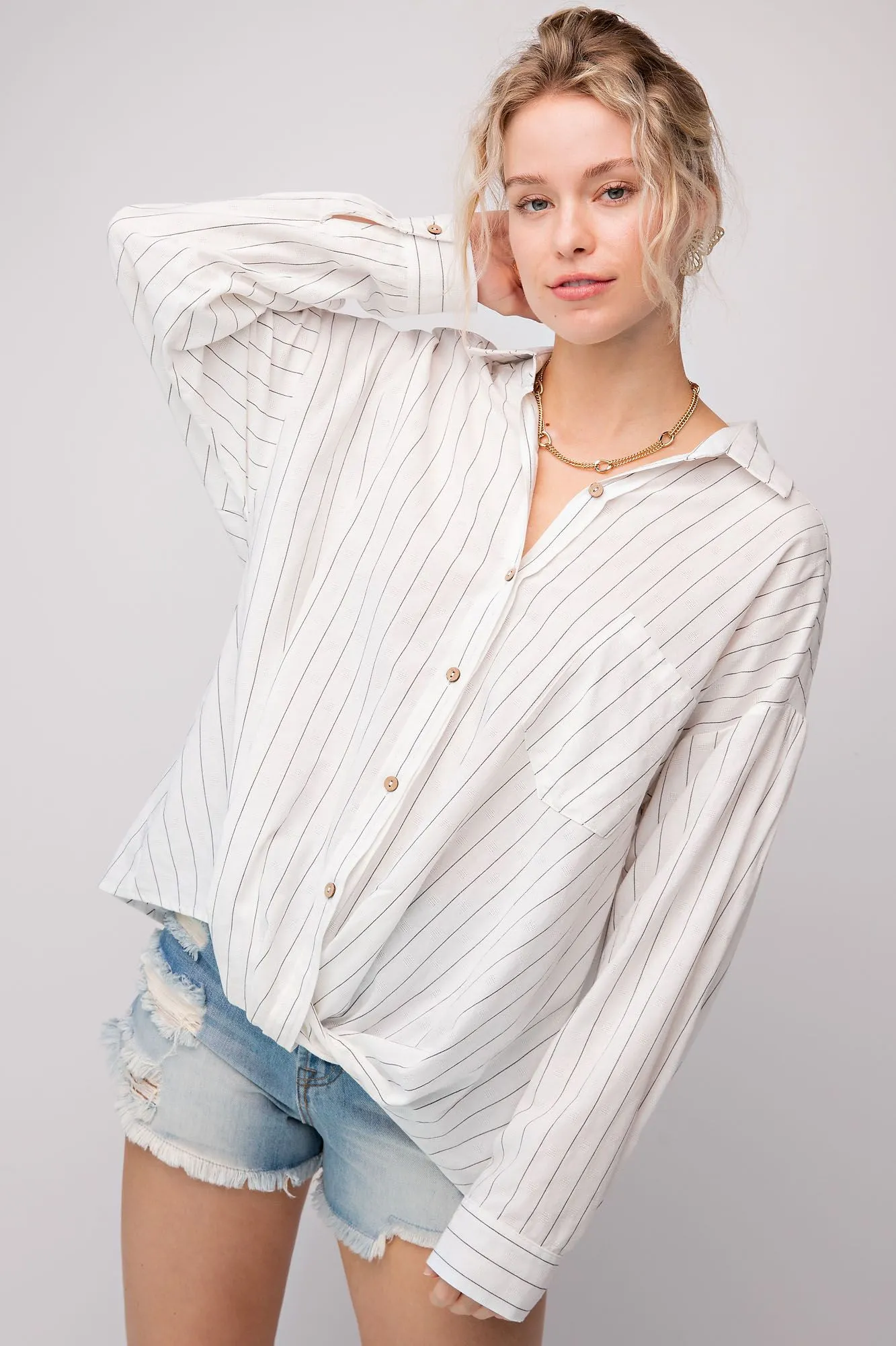 Linen Pinstripe Twisted Button Down Top