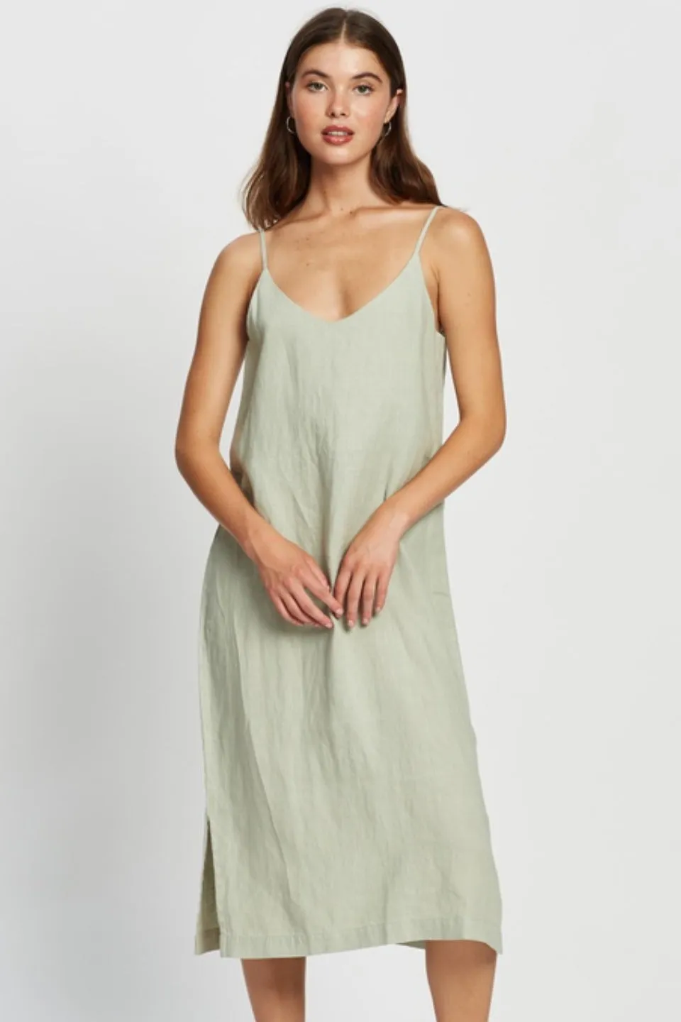 Linen Soft Green Midi Slip Dress