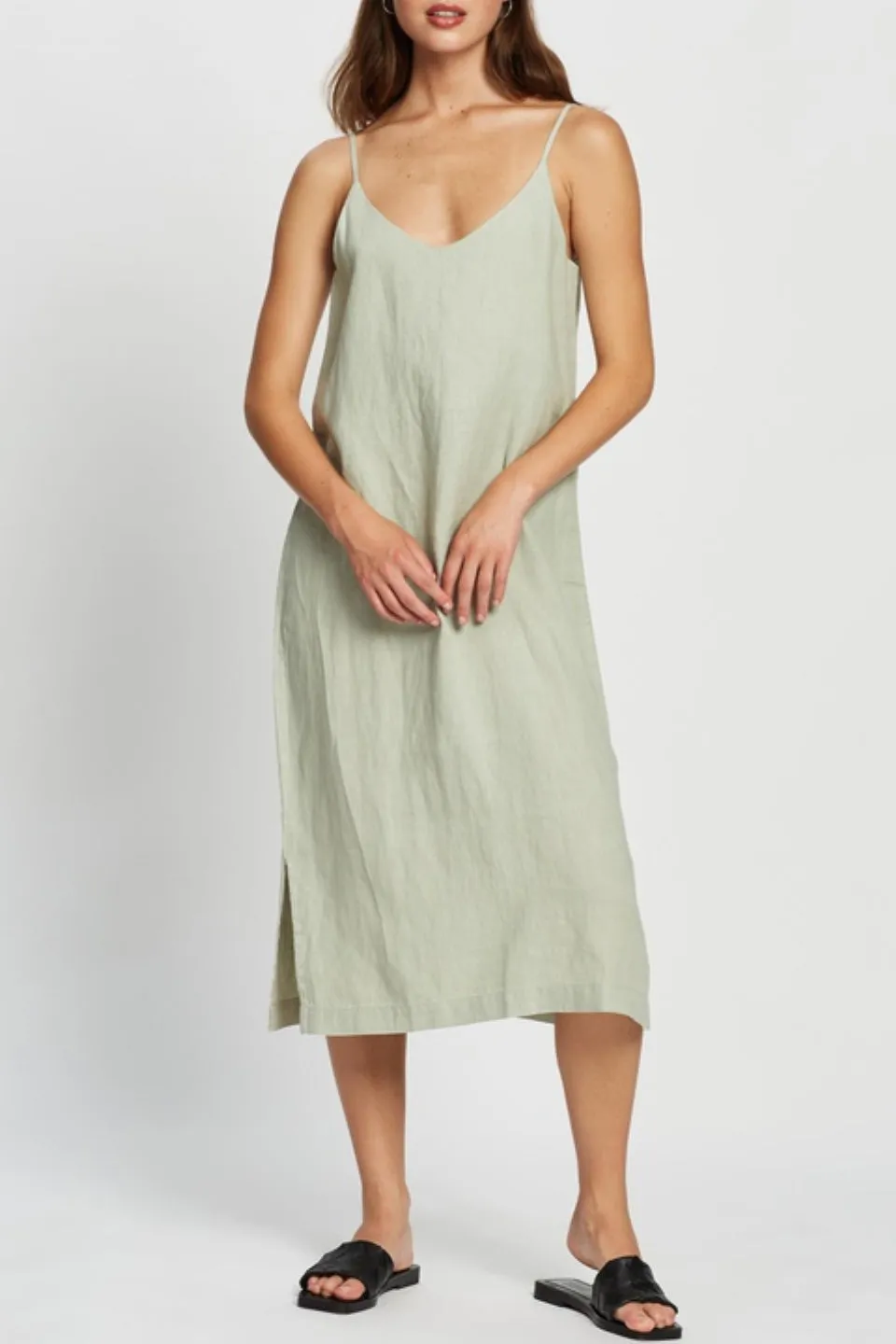 Linen Soft Green Midi Slip Dress