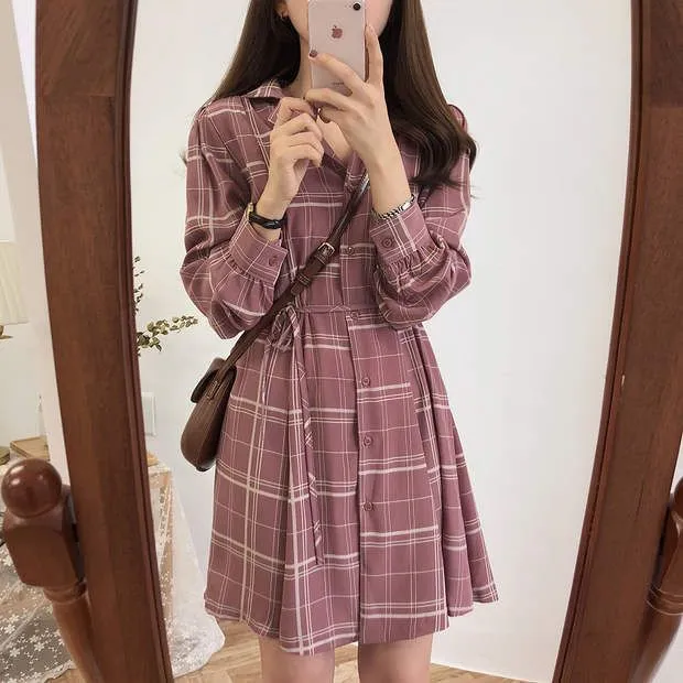 Long-Sleeve Plaid Mini A-Line Shirtdress WI29