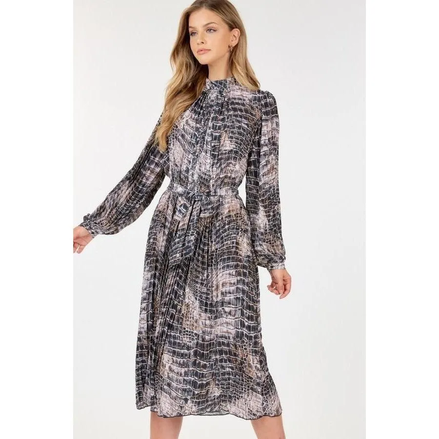 Long Sleeve Pleated Snake Skin Print Midi Dress