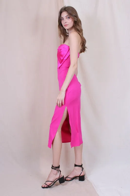 Marlee Bow Strapless Column Cocktail Midi Dress - Fuschia