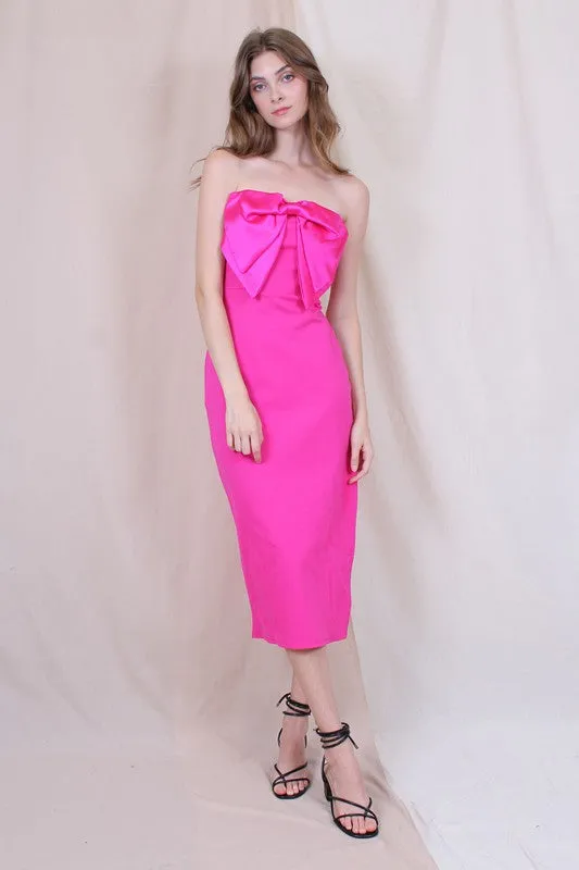 Marlee Bow Strapless Column Cocktail Midi Dress - Fuschia