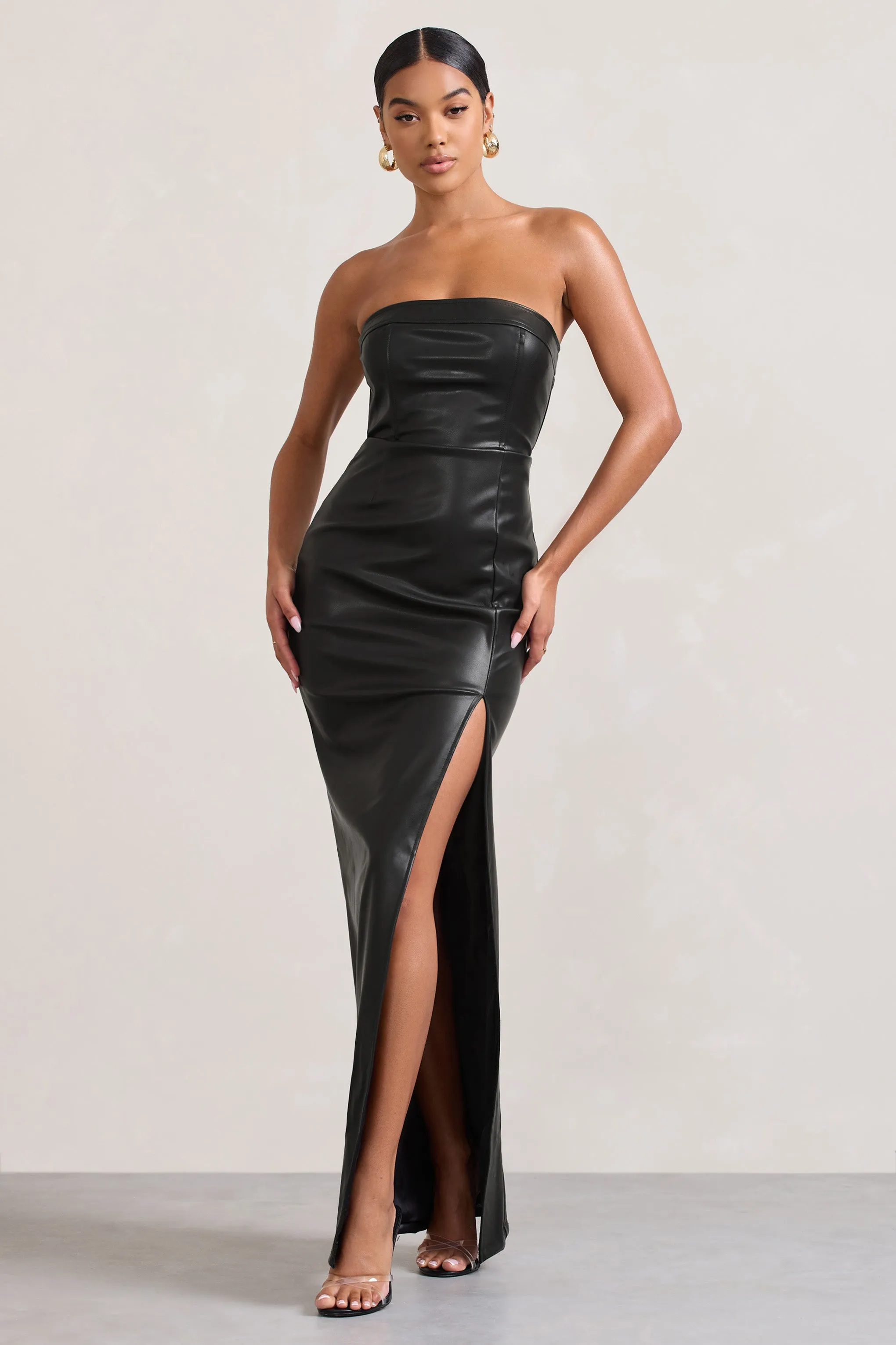 Marlene | Black Faux Leather Strapless Bandeau Split Maxi Dress