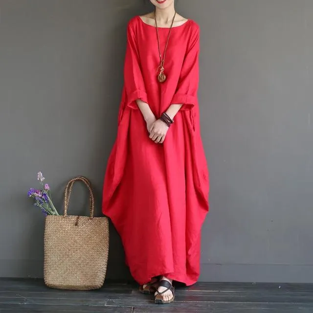 Maxi Dress O Neck Long Sleeve Cotton Linen Gown Robe