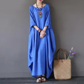 Maxi Dress O Neck Long Sleeve Cotton Linen Gown Robe