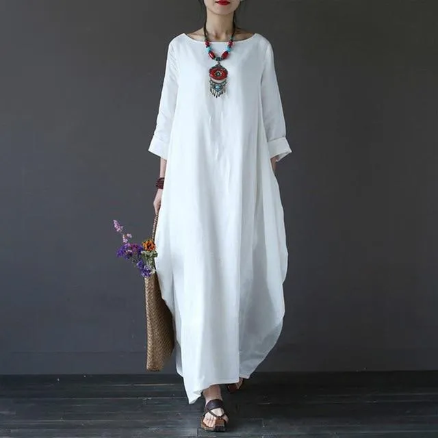 Maxi Dress O Neck Long Sleeve Cotton Linen Gown Robe