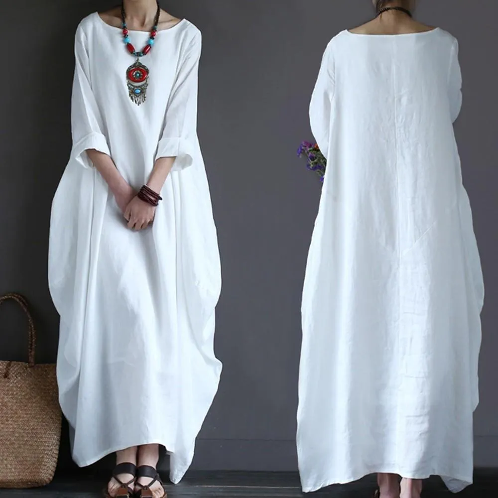 Maxi Dress O Neck Long Sleeve Cotton Linen Gown Robe