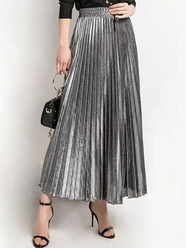 Maxi Pleated Swing Long Skirt in Shiny Metallic Silver Gold