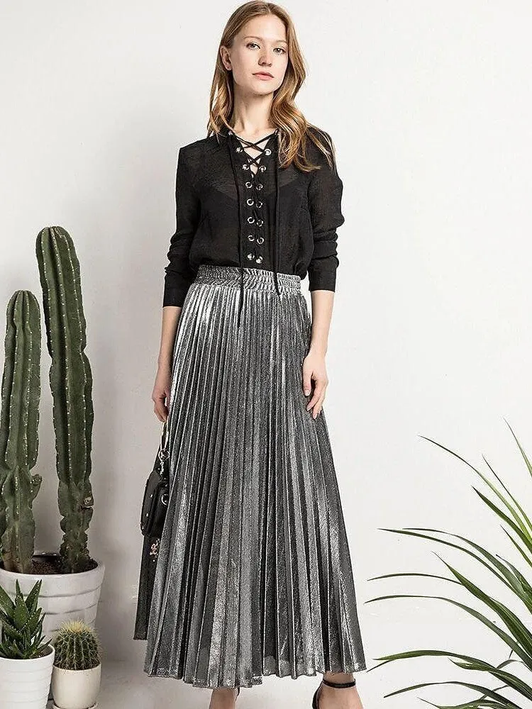 Maxi Pleated Swing Long Skirt in Shiny Metallic Silver Gold