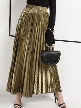 Maxi Pleated Swing Long Skirt in Shiny Metallic Silver Gold