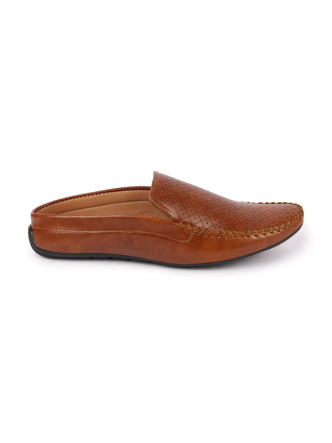 Men Tan Stitched Block Design Pattern Back Open Slip On Loafer Shoes