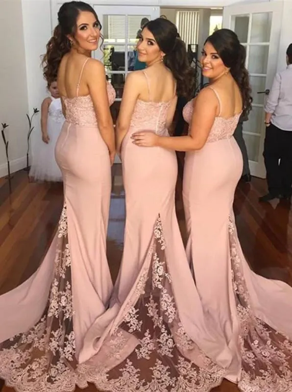 Mermaid Bridesmaid Dress - Chapel Train Pink Spaghetti Straps Bodycon Lace