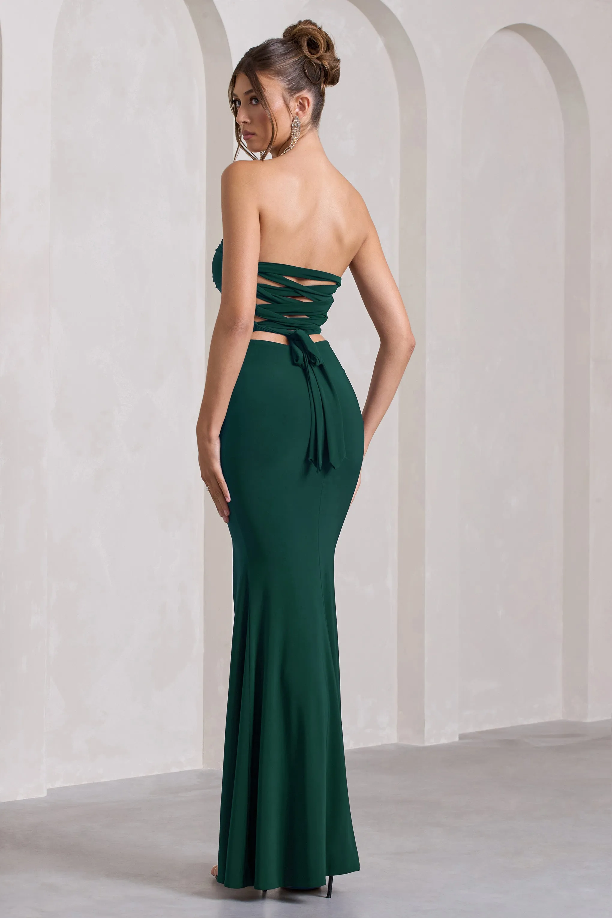 Midnight Calling | Bottle Green Bandeau Split Lace-Up Maxi Dress