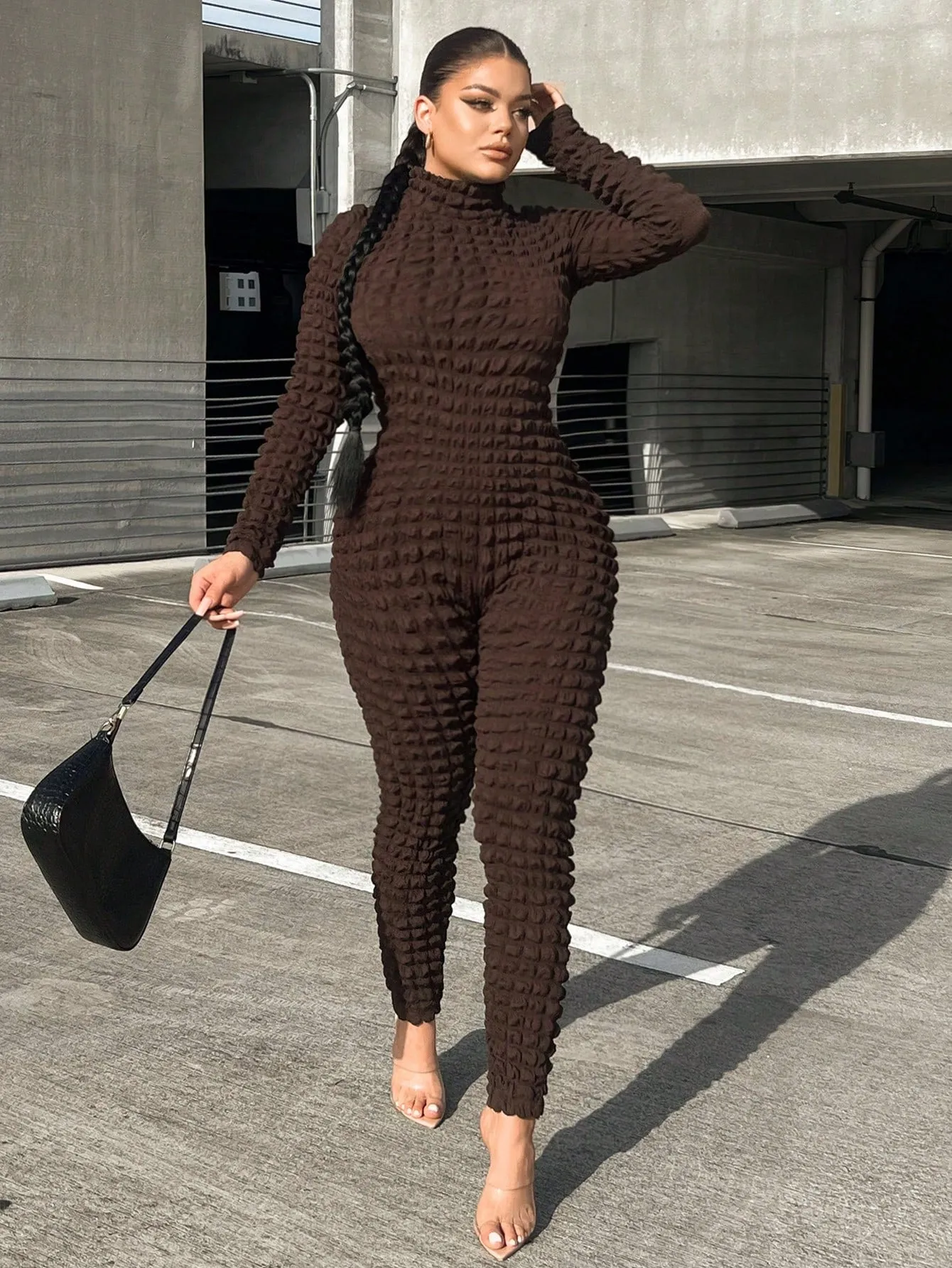 Mock Neck Textured Jumpsuit