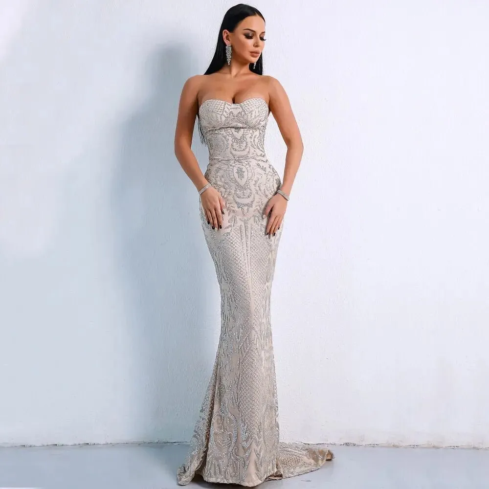 Mona Beige Glitter Maxi Dress