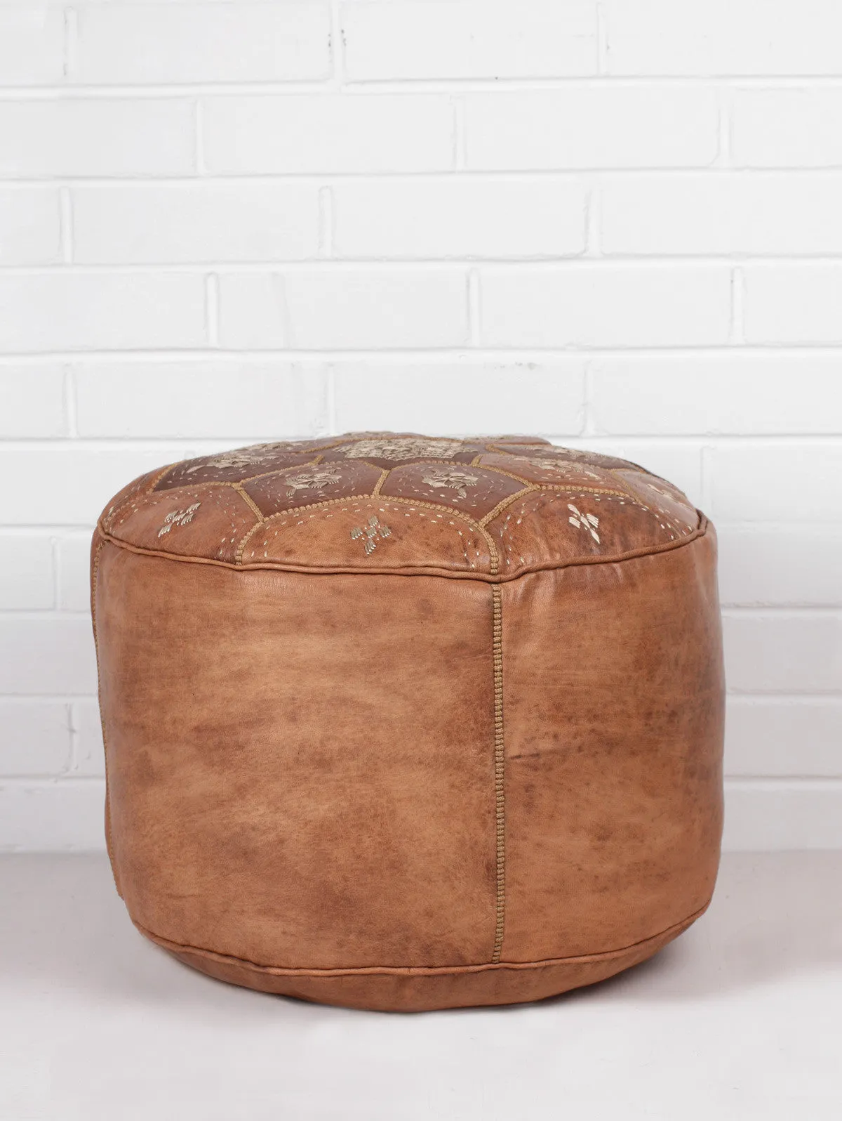 Moroccan Leather Tile Pouffe, Tan