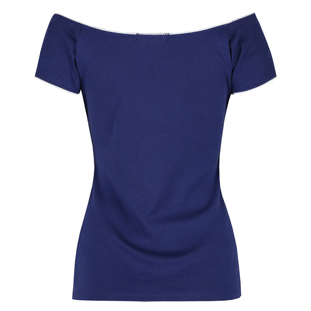 Navy Blue Tie Front Vintage Bardot Top