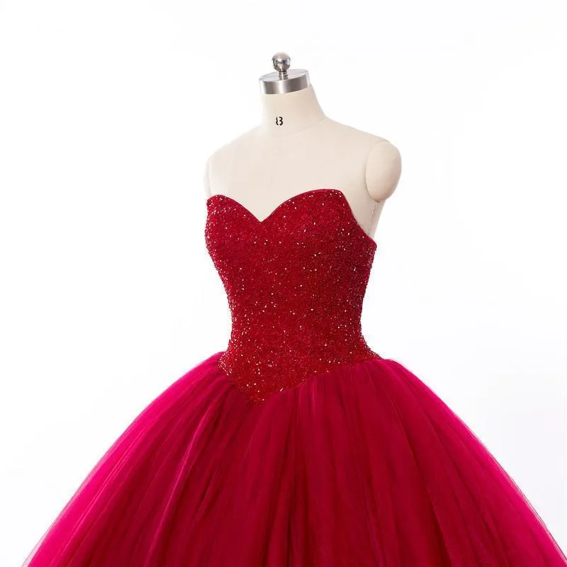 New Style Red Tulle Lace up Sweetheart Strapless Beads Ball Gown Prom Quinceanera Dress