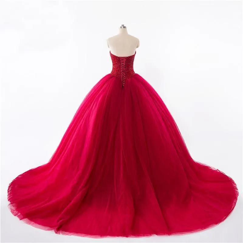 New Style Red Tulle Lace up Sweetheart Strapless Beads Ball Gown Prom Quinceanera Dress