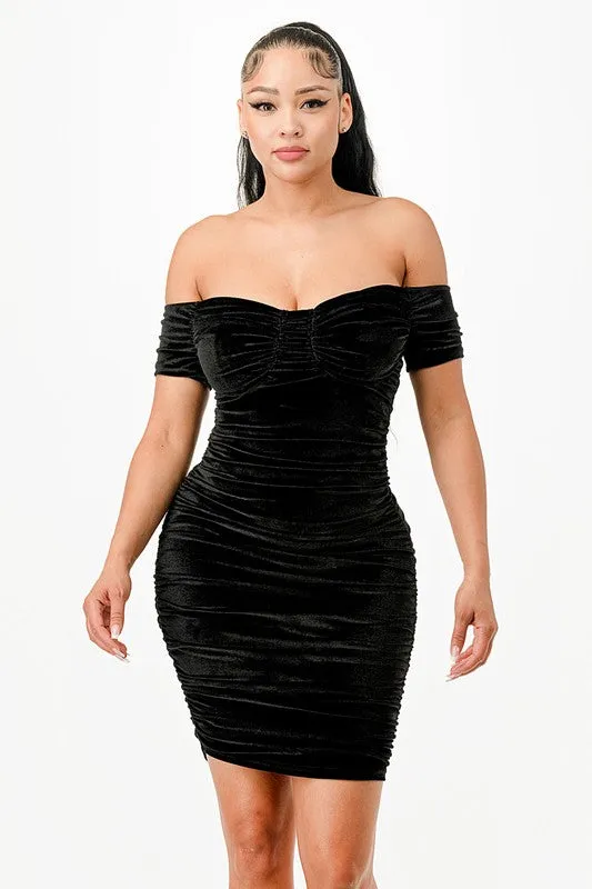 Off Shoulder Ruched Bodycon Mini Dress