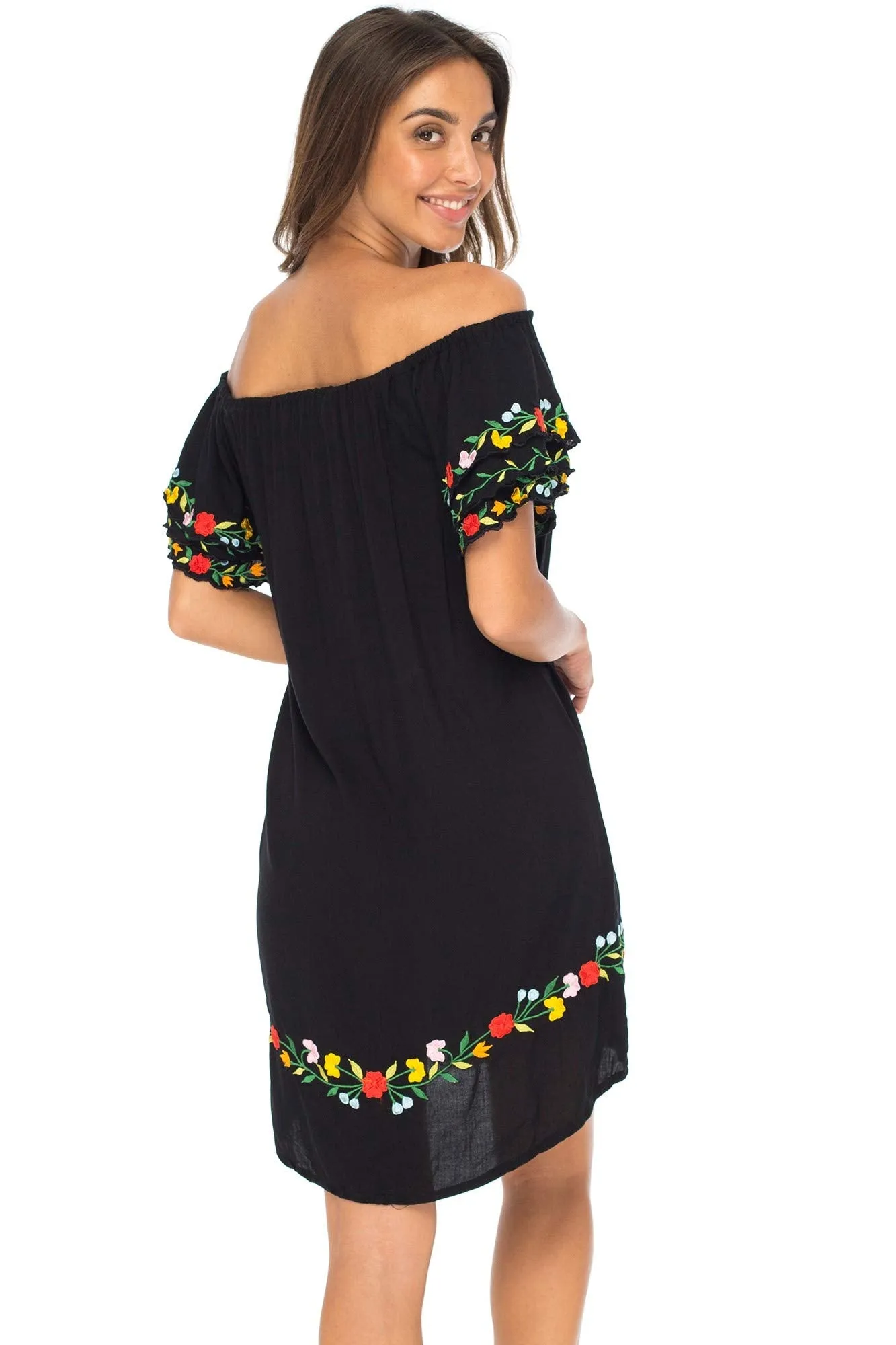 Off Shoulder Short Embroidered Floral Peasant Dress