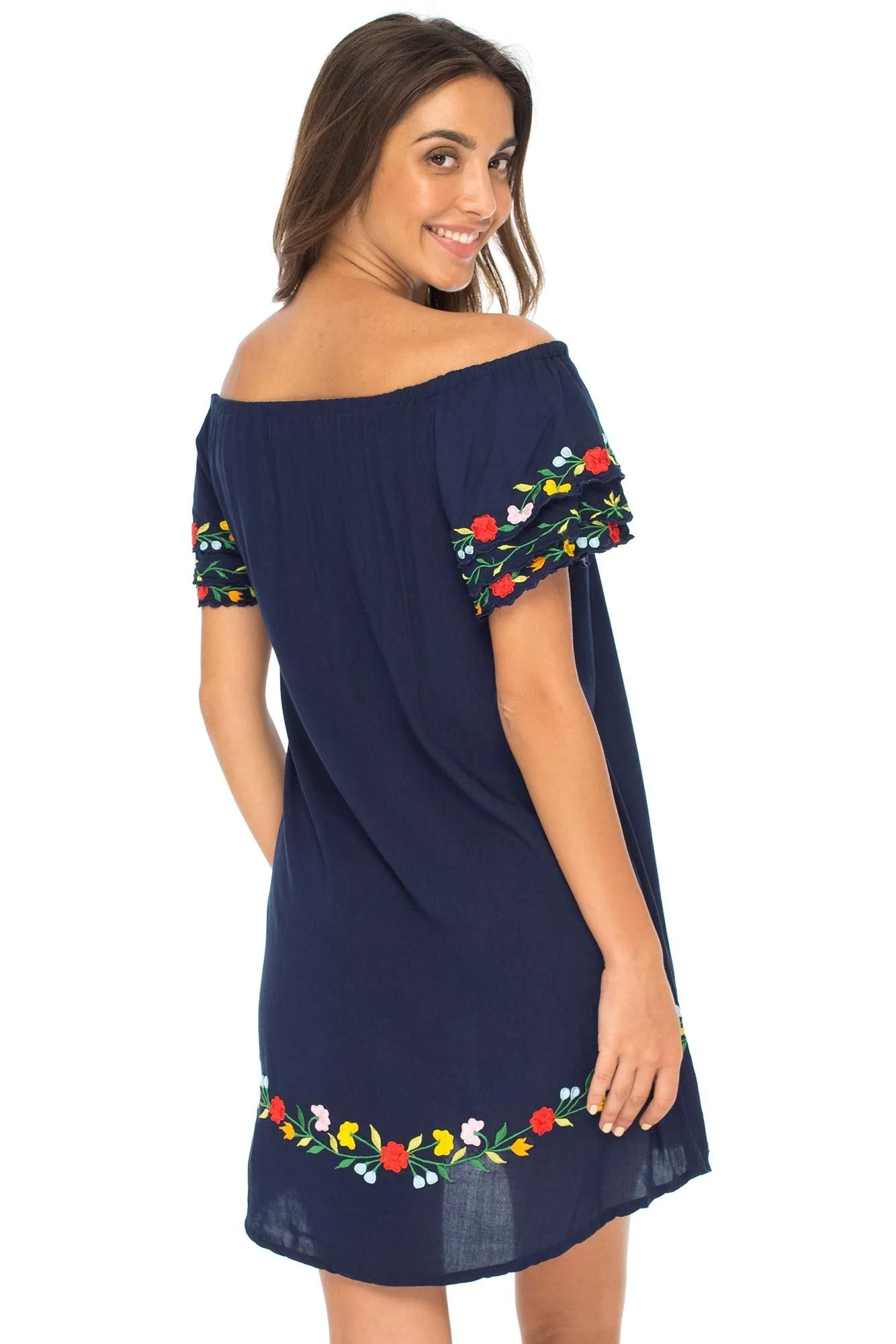 Off Shoulder Short Embroidered Floral Peasant Dress