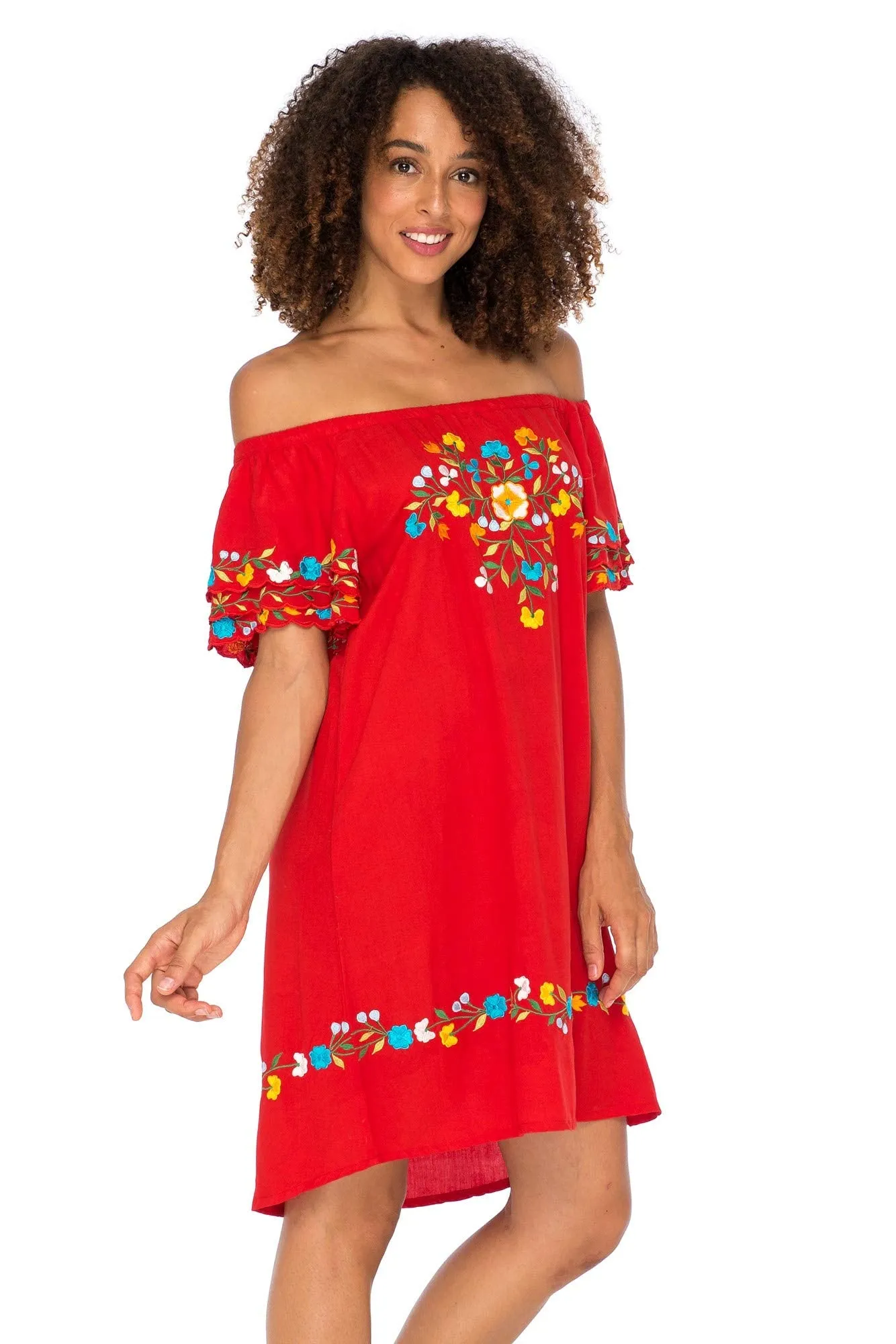 Off Shoulder Short Embroidered Floral Peasant Dress