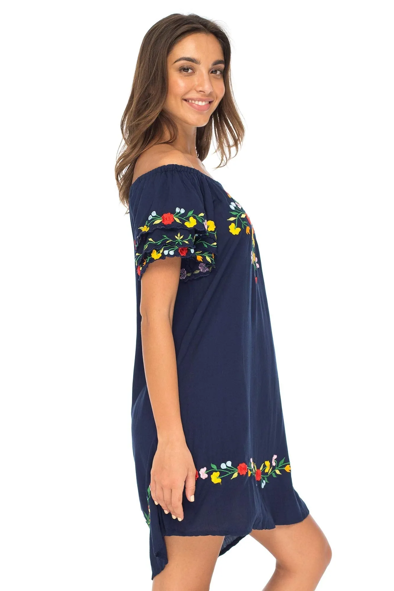 Off Shoulder Short Embroidered Floral Peasant Dress