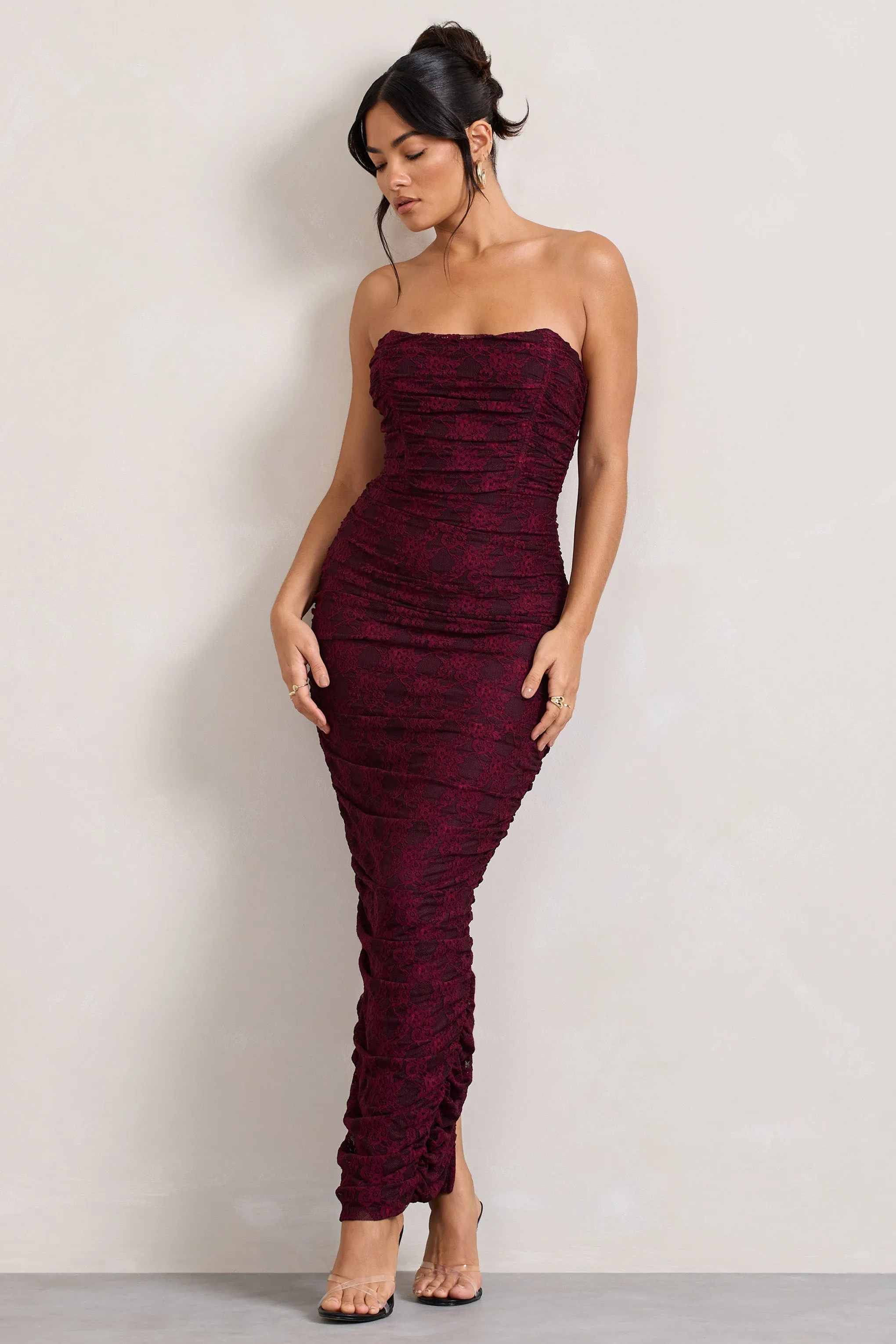 Paparazzi | Burgundy Ruched Lace Strapless Bandeau Maxi Dress