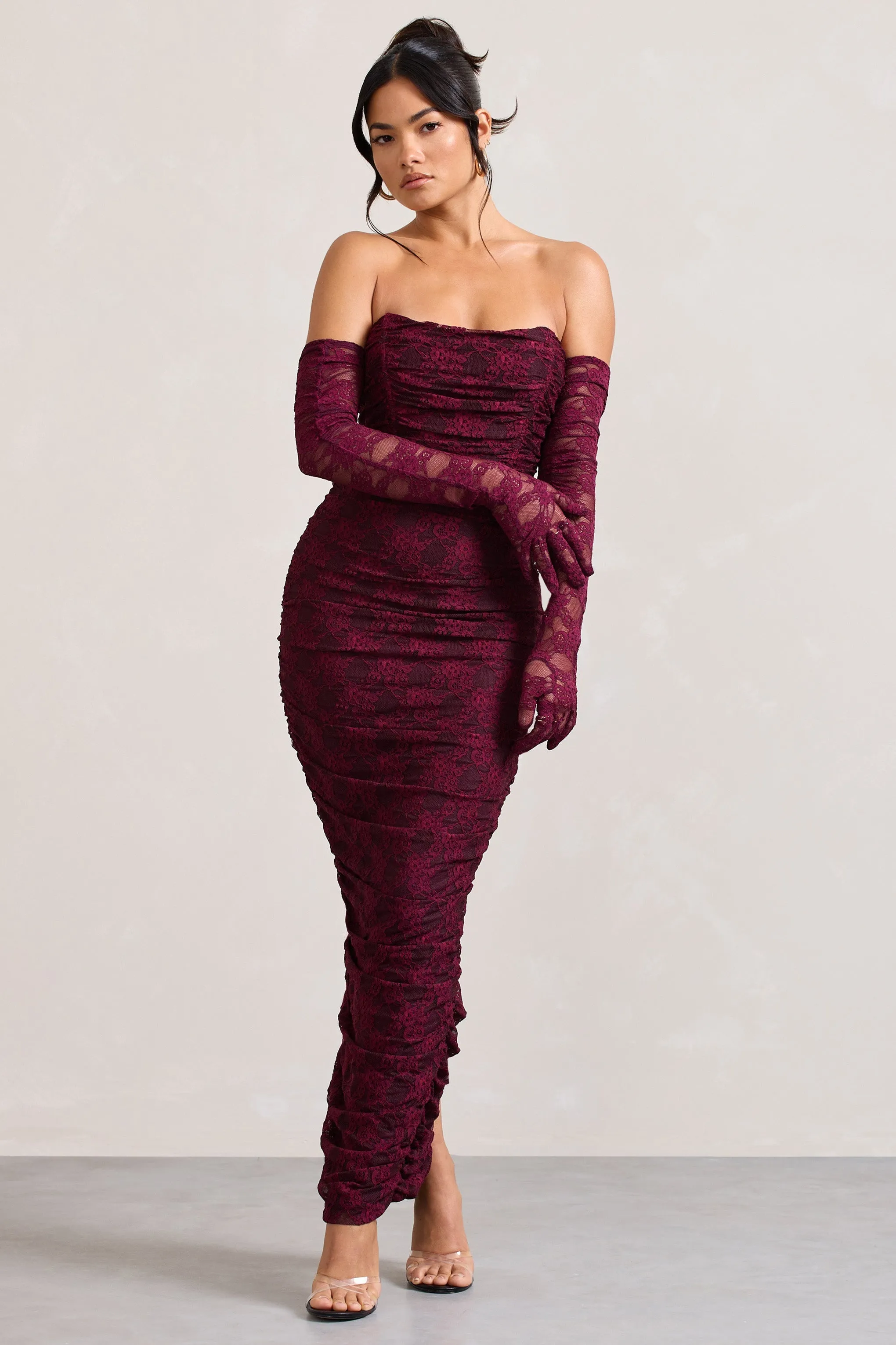 Paparazzi | Burgundy Ruched Lace Strapless Bandeau Maxi Dress