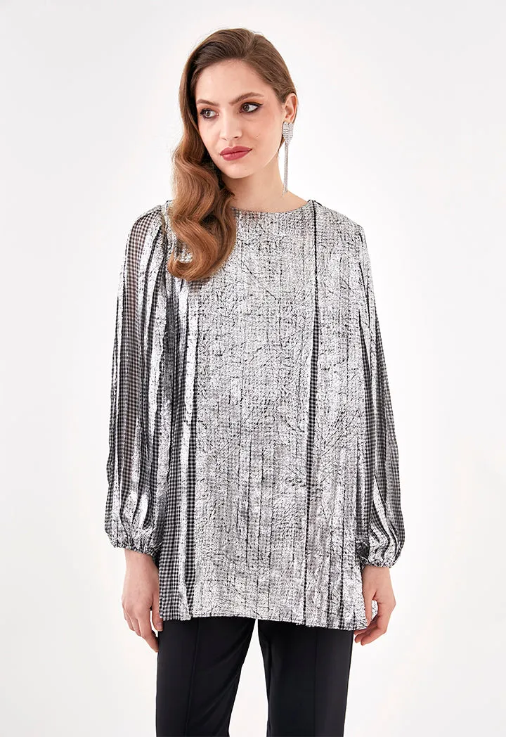 Plaid Metallic Pleated Blouse