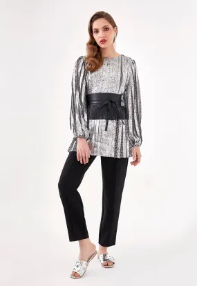 Plaid Metallic Pleated Blouse