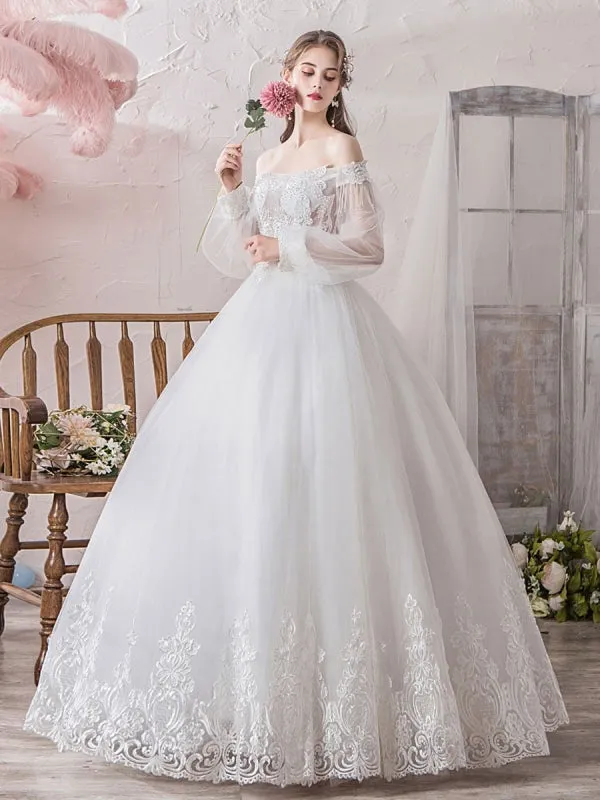 Princess Wedding Dress 2021 Ball Gown Silhouette Off The Shoulder Long Sleeves Natural Waist Floor-Length Bridal Gowns