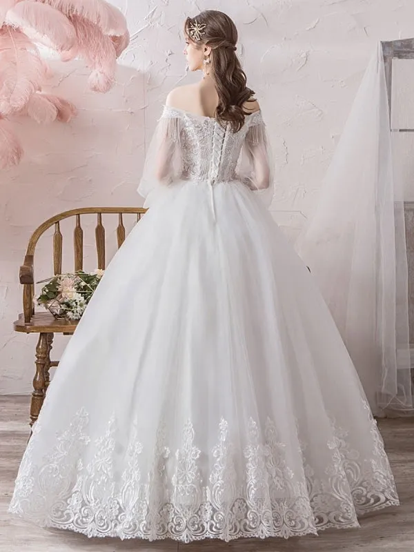 Princess Wedding Dress 2021 Ball Gown Silhouette Off The Shoulder Long Sleeves Natural Waist Floor-Length Bridal Gowns