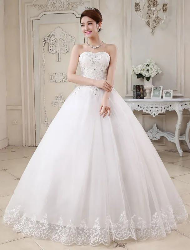 Princess Wedding Dresses Ivory Ball Gown Bridal Dress Strapless Sweetheart Neck Lace Beaded Pleated Wedding Gown