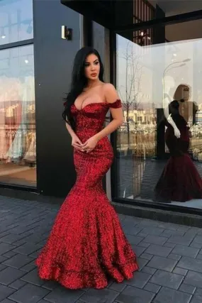 Red Mermaid Long V Neck Prom Dresses Off the Shoulder Evening Party Dresses