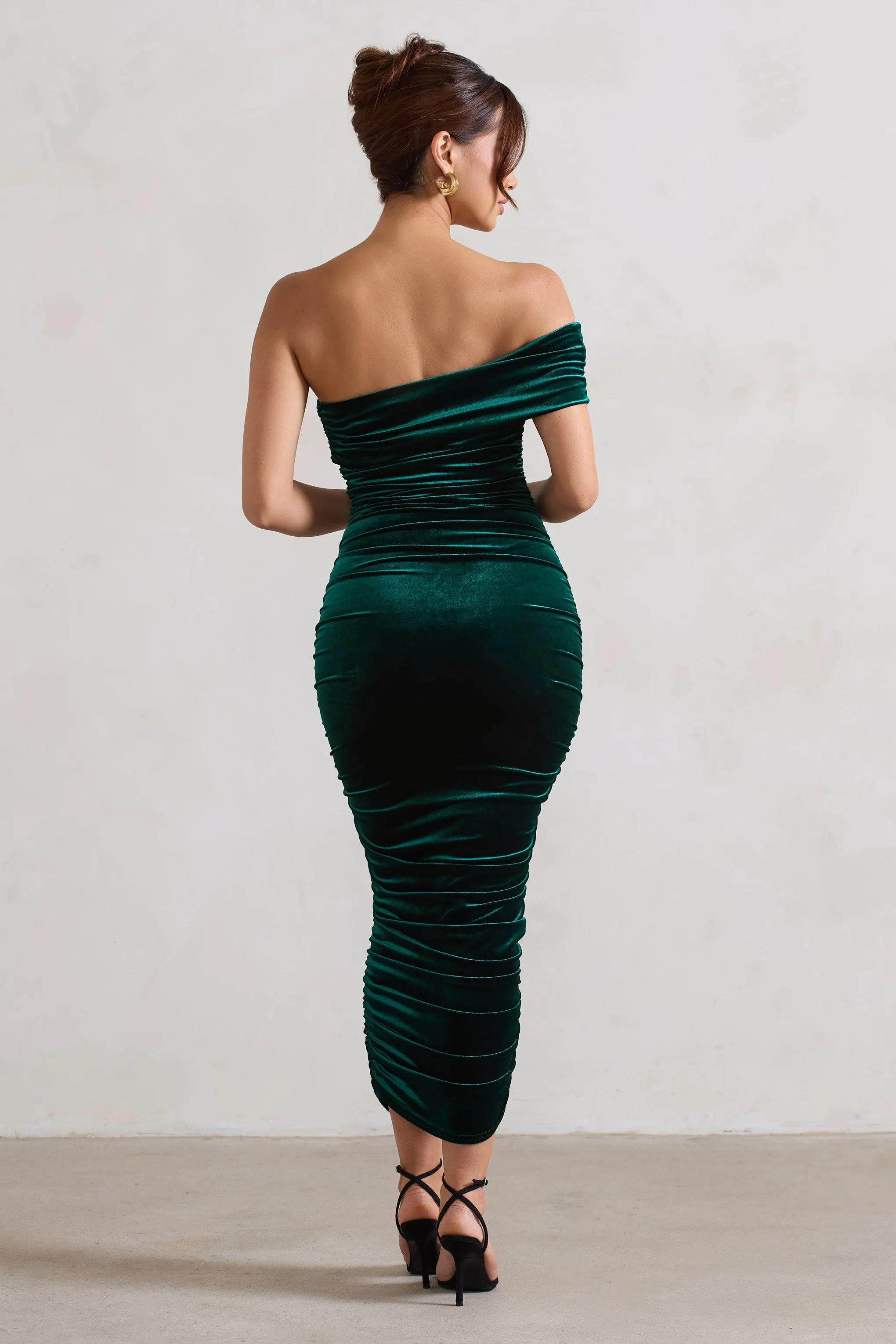 Remember Me | Bottle Green Velvet One Shoulder Midi Dress