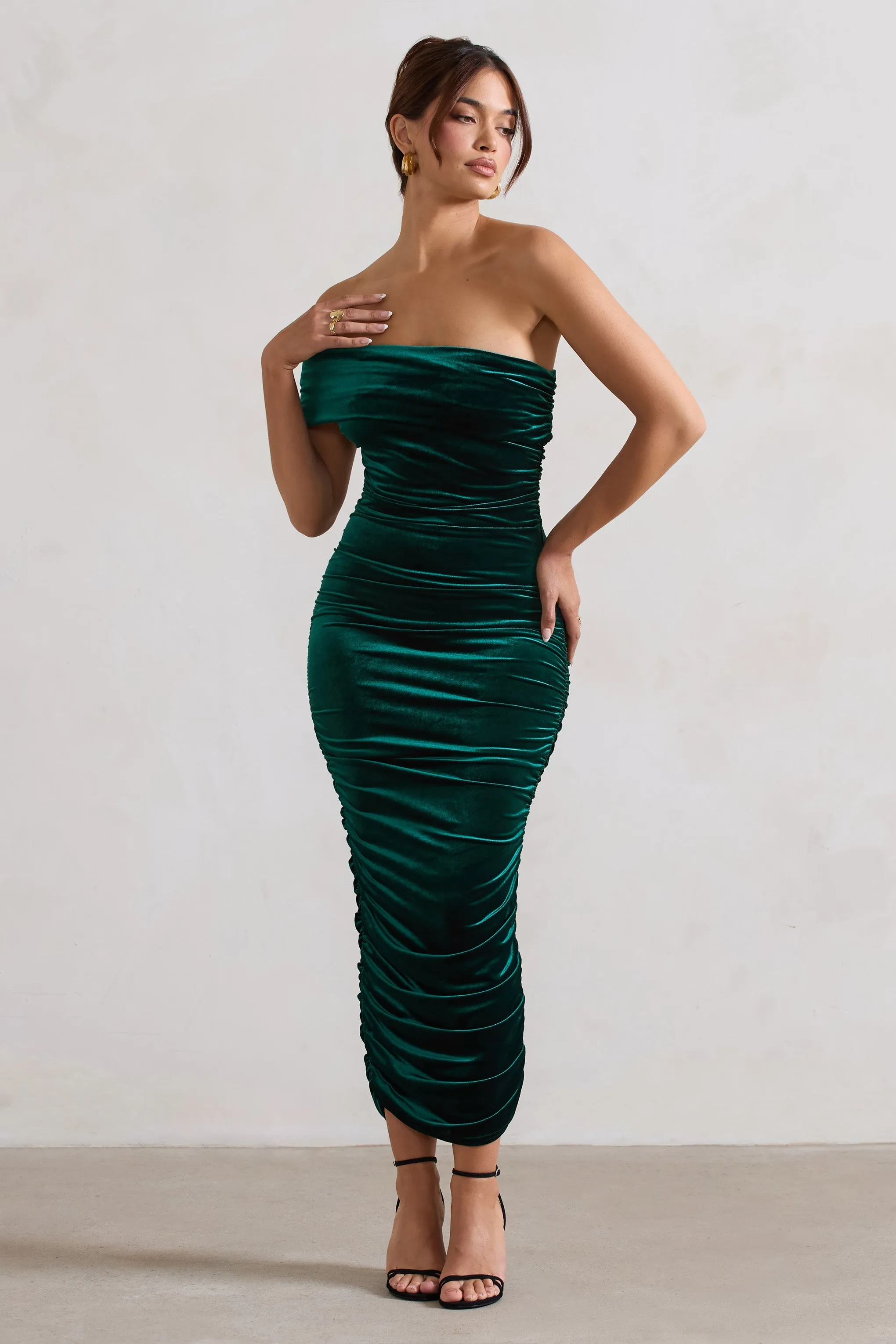 Remember Me | Bottle Green Velvet One Shoulder Midi Dress