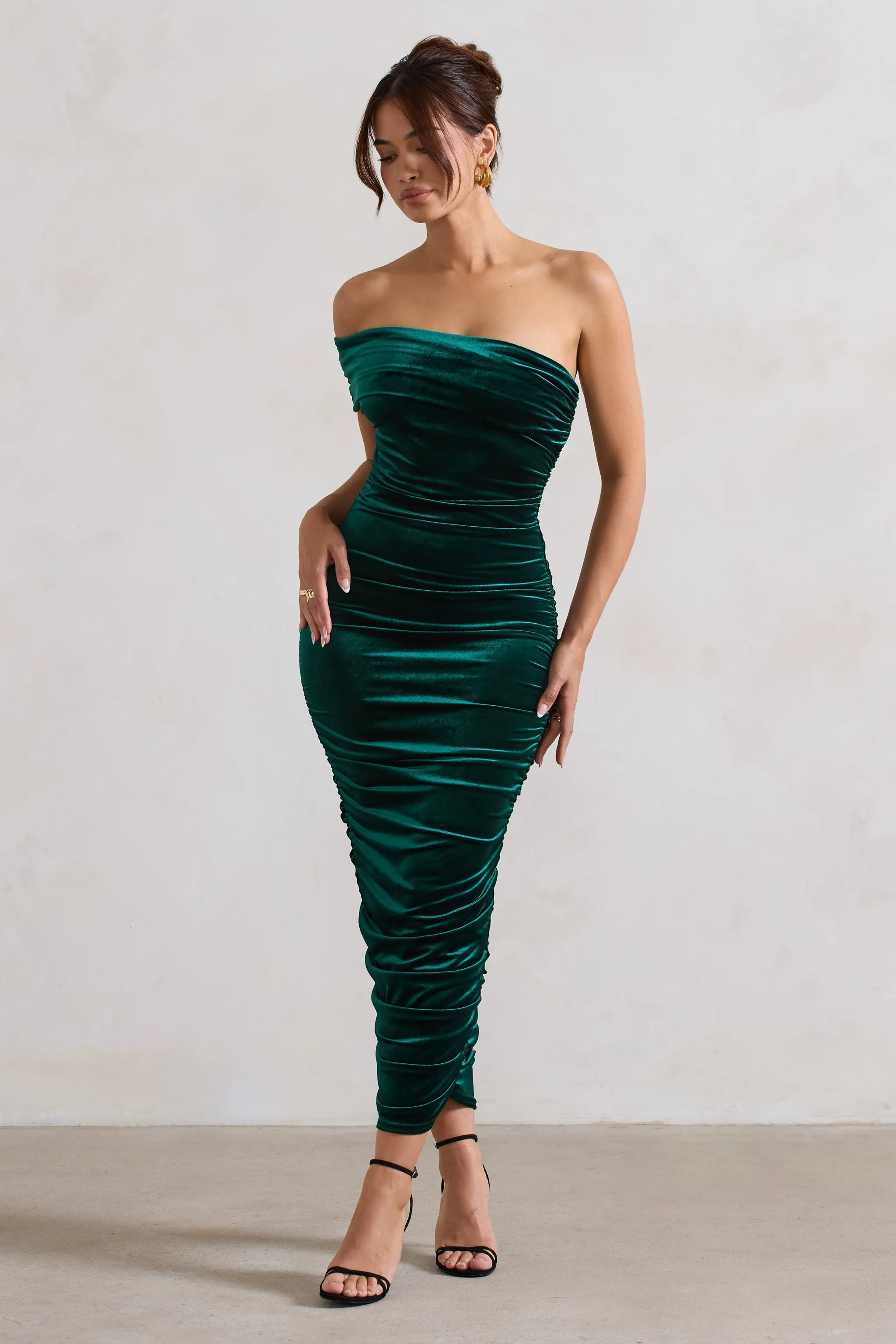 Remember Me | Bottle Green Velvet One Shoulder Midi Dress