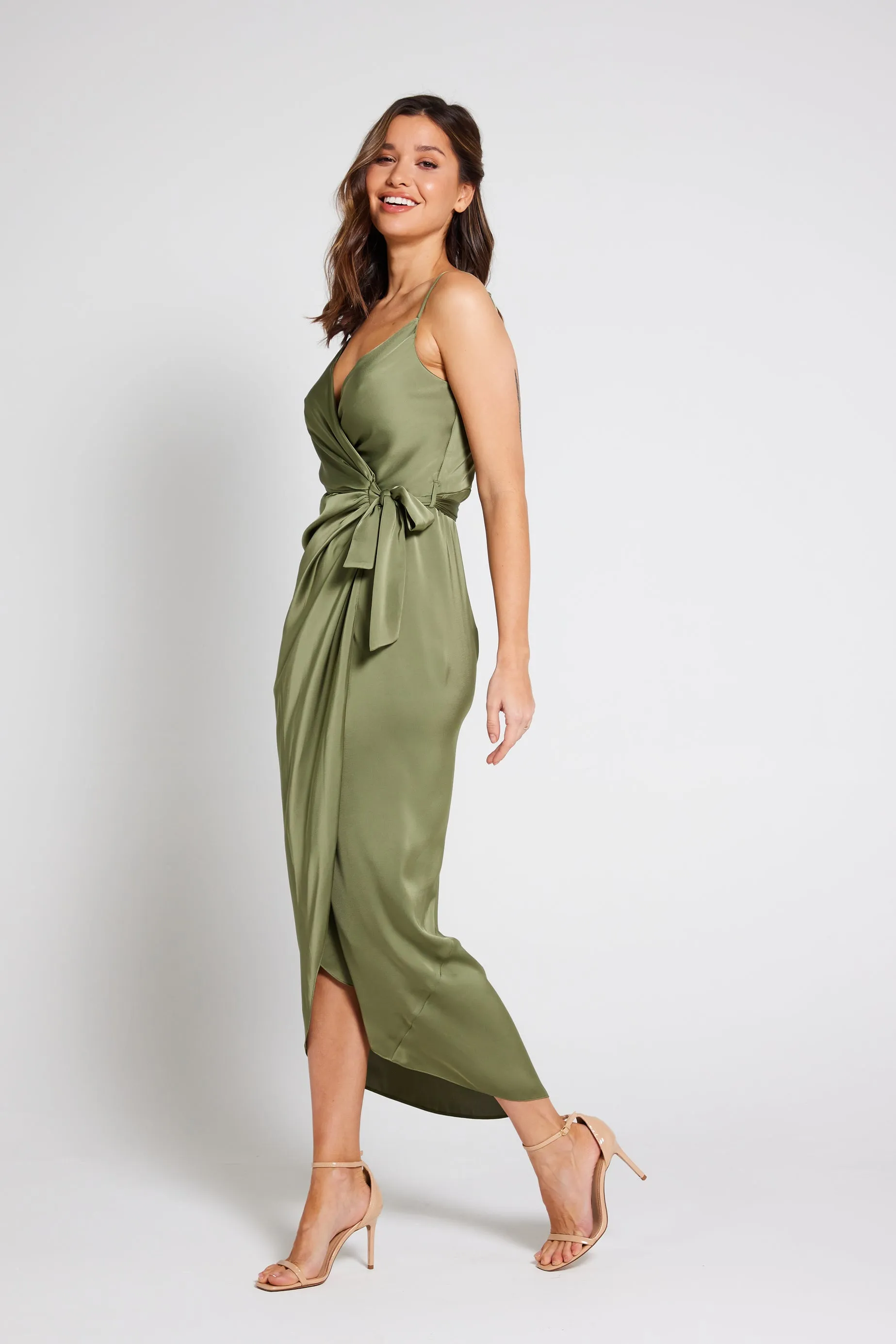 Rosa Tie Side Satin Cami Wrap Dress - Olive