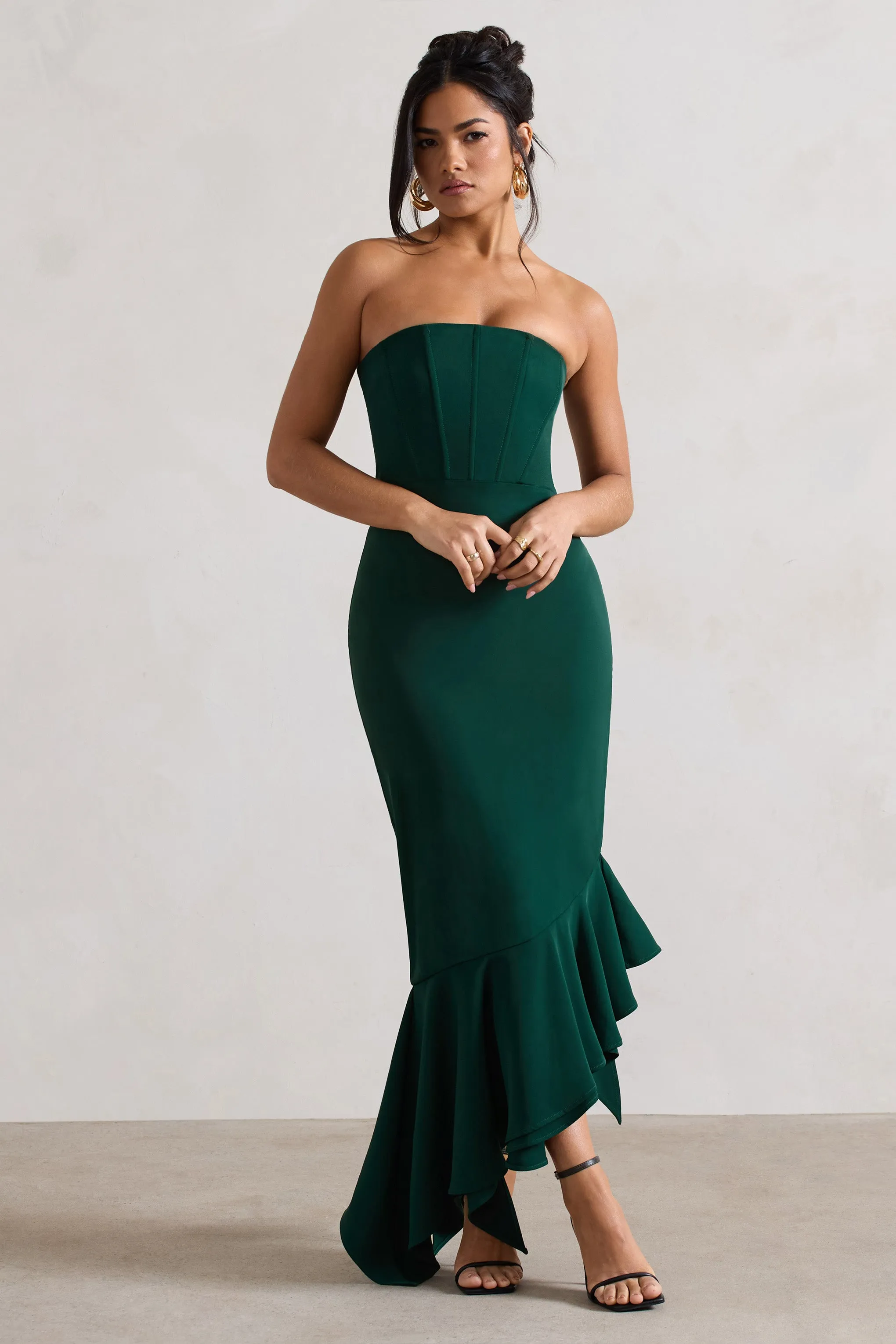 Sandy | Bottle Green Strapless Corset Asymmetric Maxi Dress