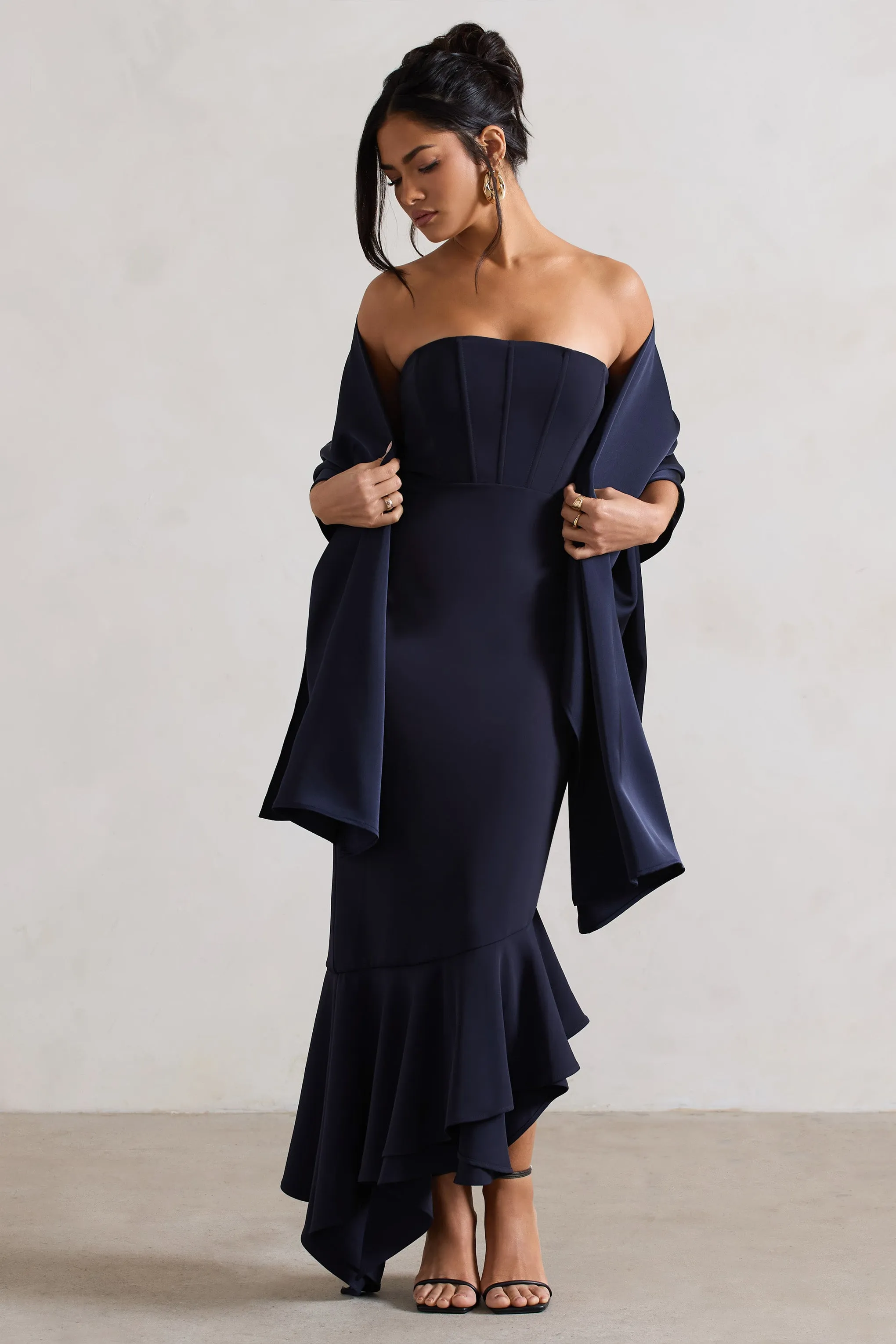 Sandy | Navy Strapless Corset Asymmetric Maxi Dress