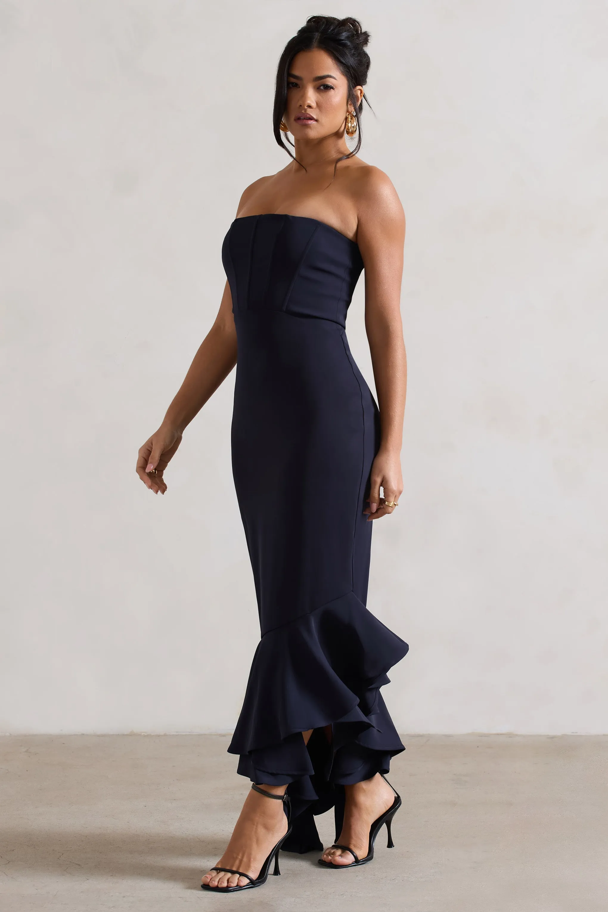 Sandy | Navy Strapless Corset Asymmetric Maxi Dress